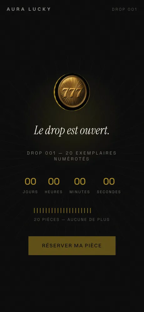 La page de lancement Aura Lucky 777 sur téléphone.