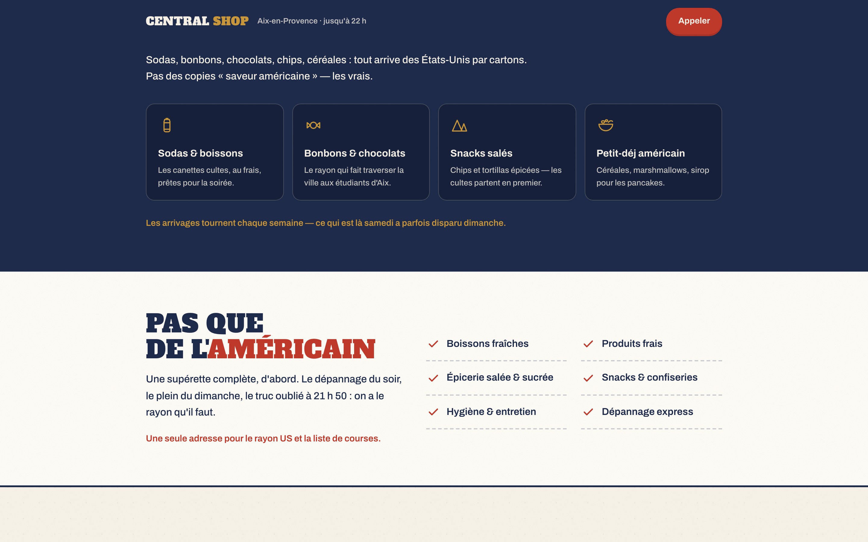 Une page intérieure du site Central Shop.