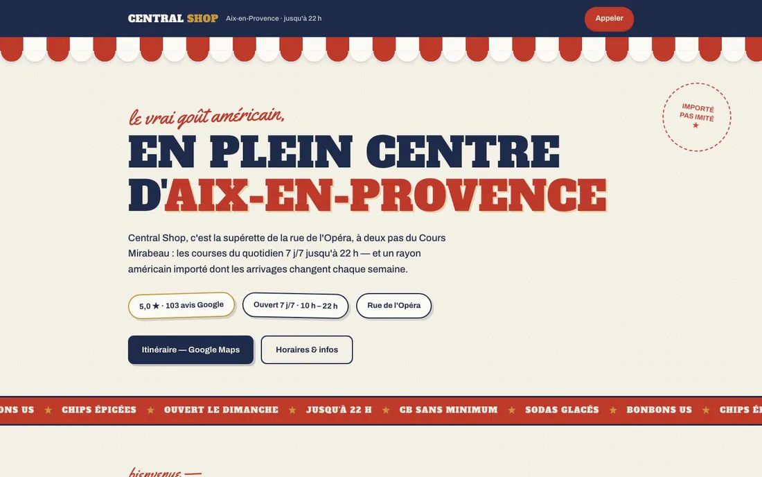 Le site Central Shop sur ordinateur.