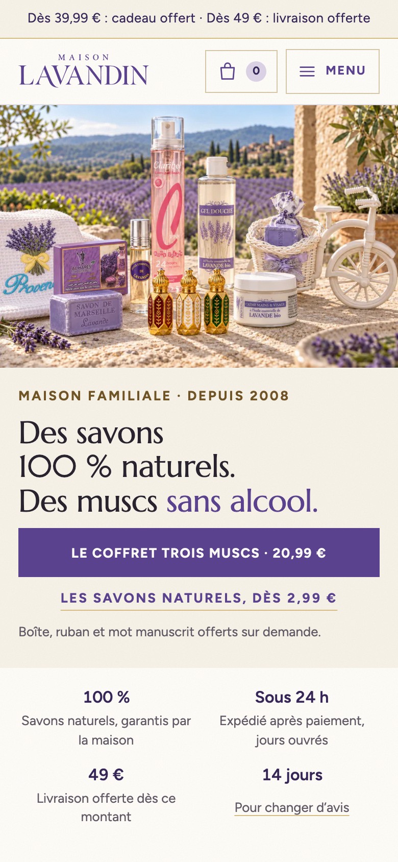 Le site Maison Lavandin sur téléphone.