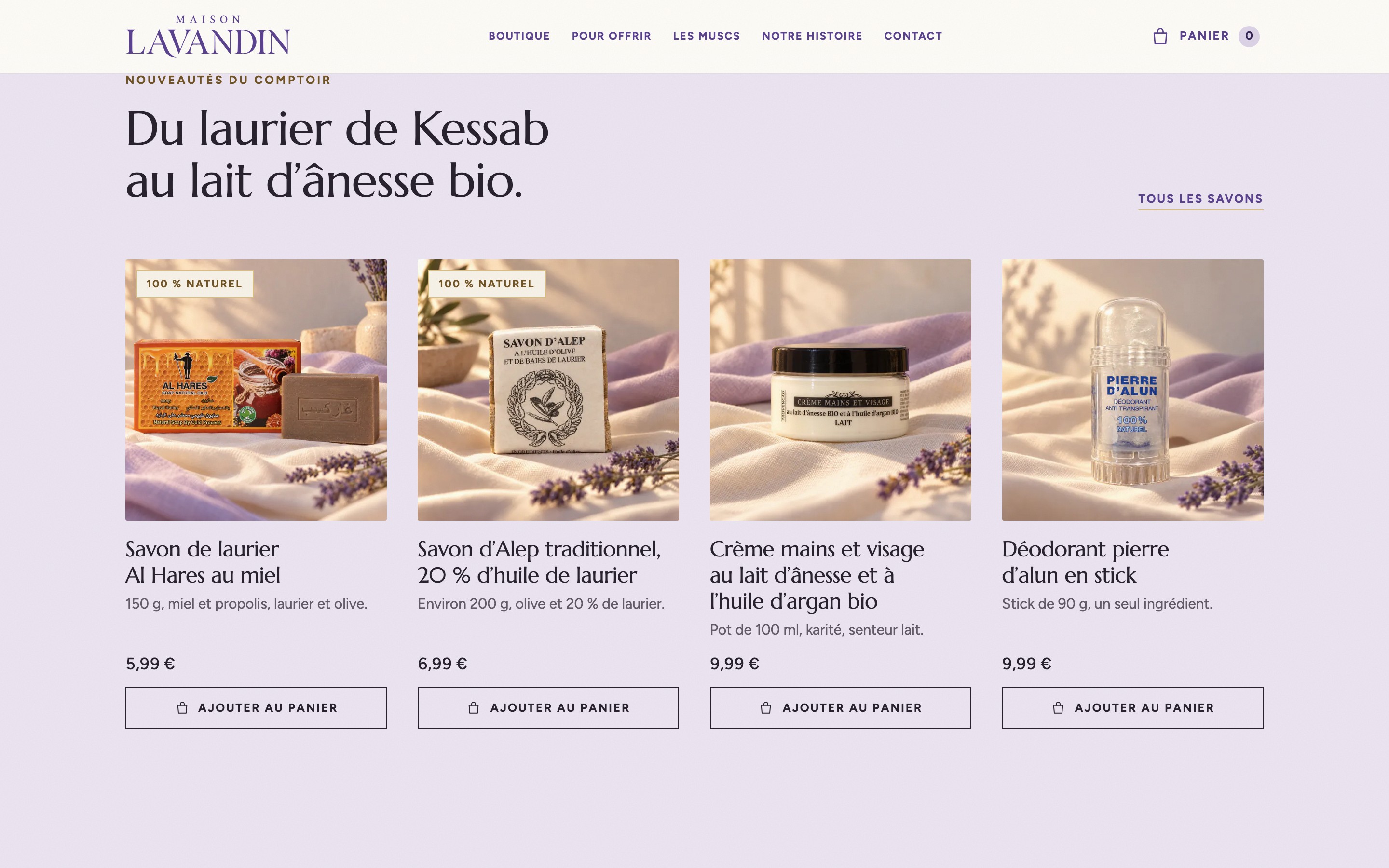 Une page intérieure du site Maison Lavandin.