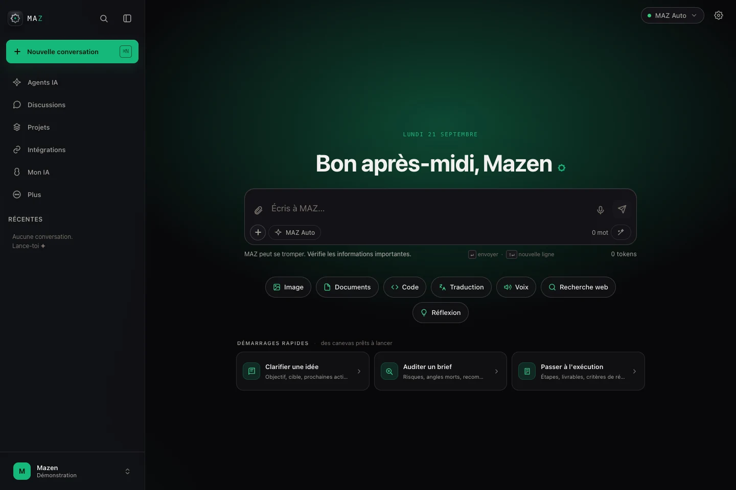 Interface réelle de MAZ, ouverte localement sans conversation ni connexion aux services.